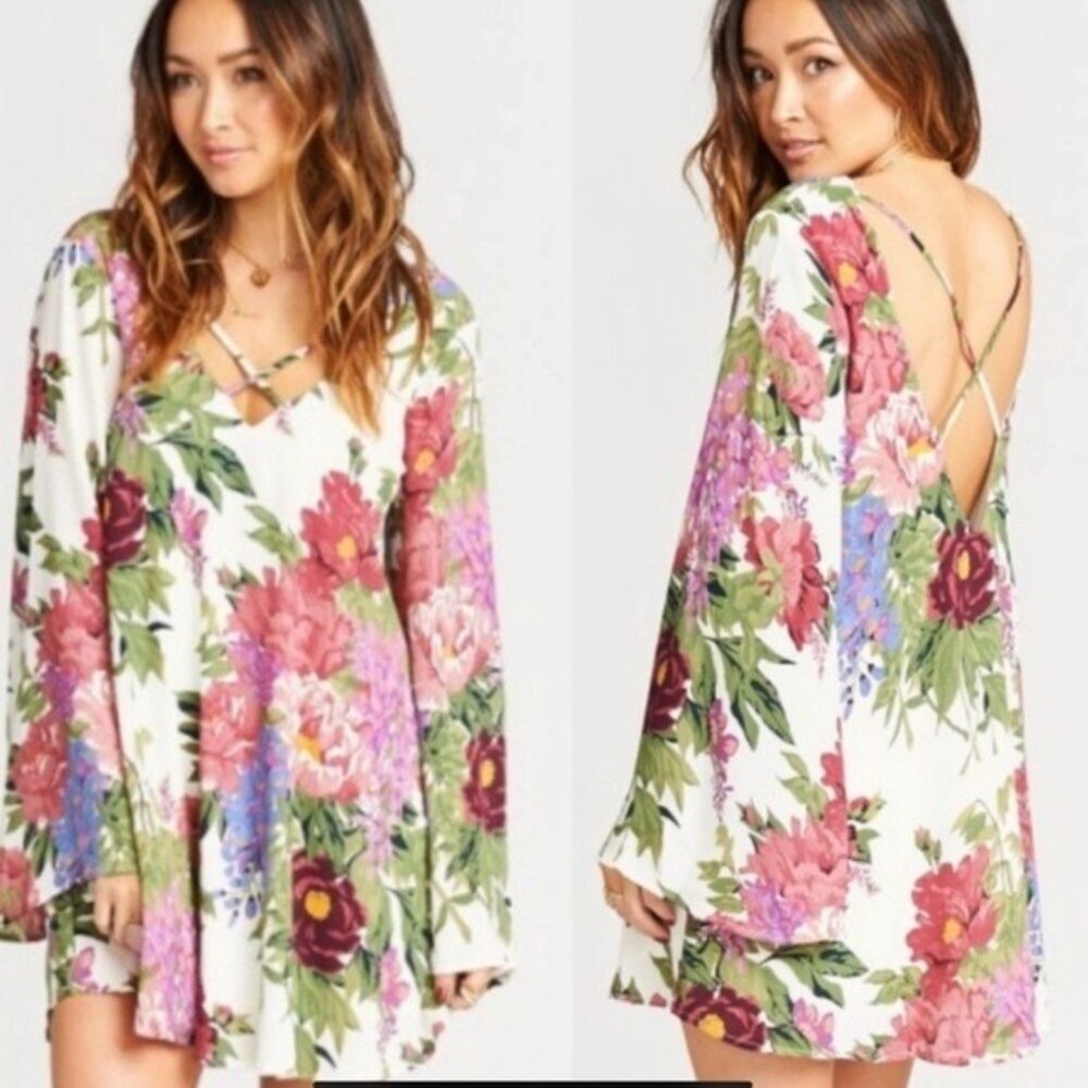 Show Me Your MuMu Joni Flow Dress Bell Sleeve Size XS Floral Shift Mini
